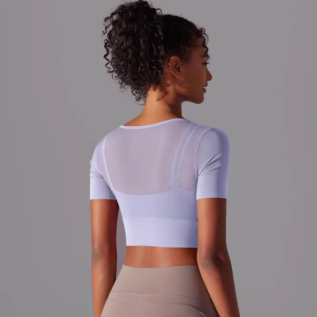 Solid Color Yoga Short Sleeve Sexy Double Layer Yoga Tank Top Spliced Mesh Yoga Clothing Top Fitness Running Sports Bra Women - Empire P.E