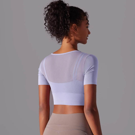 Solid Color Yoga Short Sleeve Sexy Double Layer Yoga Tank Top Spliced Mesh Yoga Clothing Top Fitness Running Sports Bra Women - Empire P.E