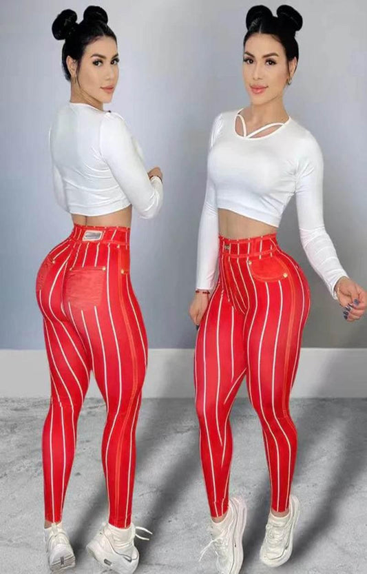 Women High Waist Sports Leggings Stripe Print Stretchable Yoga Pants Sexy Tight Fitness Workout Gym Push Up Causal Pant - Empire P.E