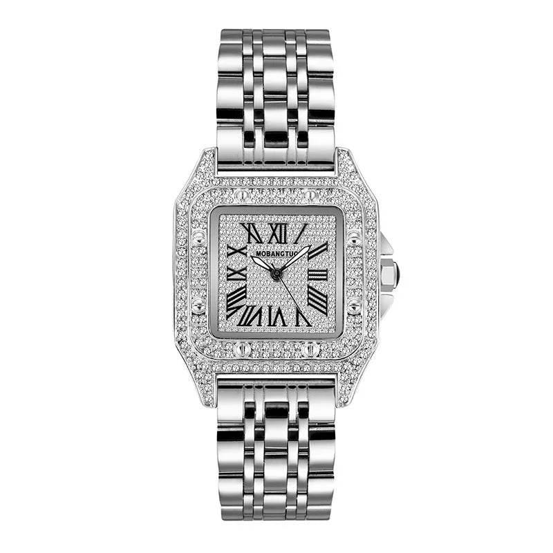 Ladies Dial Quartz Wristwatches Dress Clock Large square diamond-encrusted dial steel belt living waterproof quartz watch - Empire P.E
