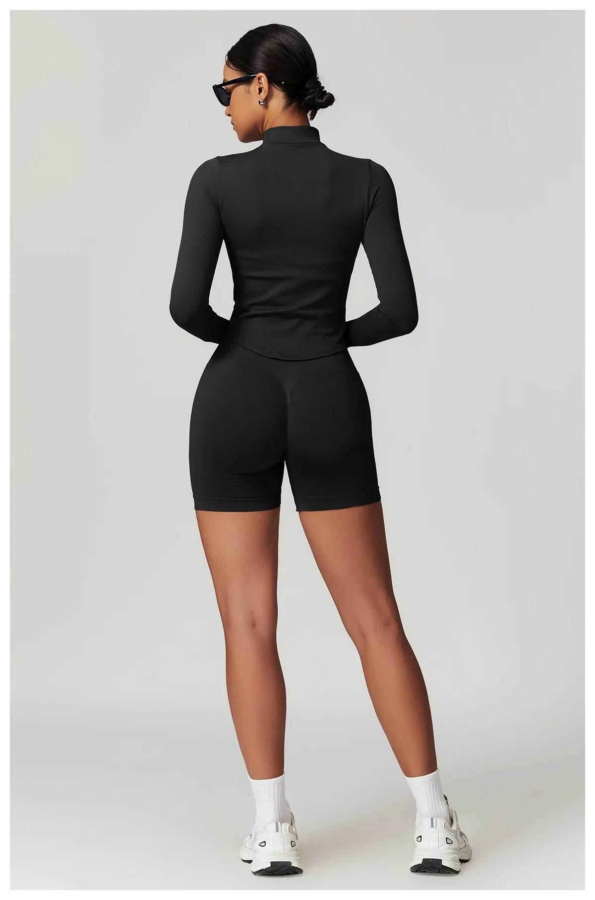 Women Seamless Zipper Jacket Yoga Long Sleeved Gym Top Ribbed Yoga Stand Collar Jacket Running Workout Sport Coat Women's Shirts - Empire P.E