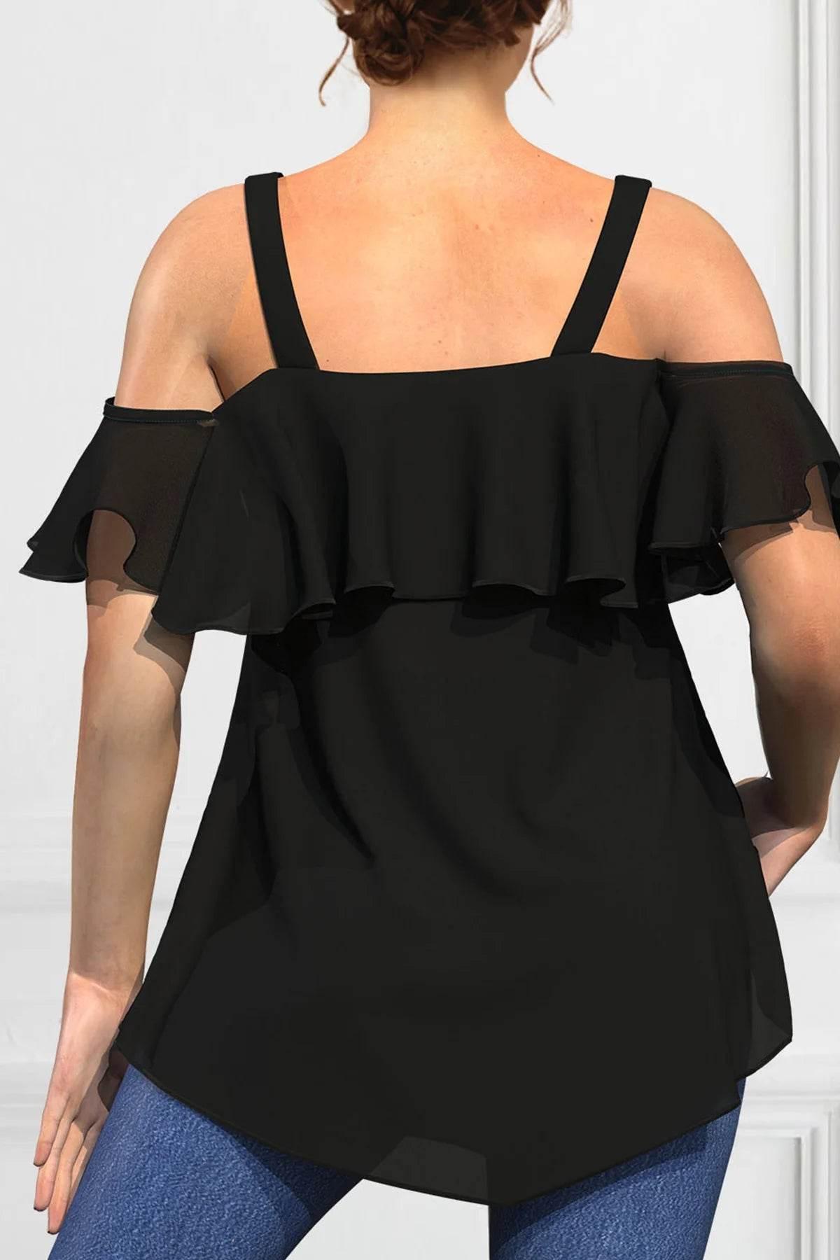 Plus Size Blouse for Women Elegant Cold Shoulder Shirt Ruffles Tops Tee Loose Fit Solid Color Top Blusas Para Mujer 0XL-5XL - Empire P.E