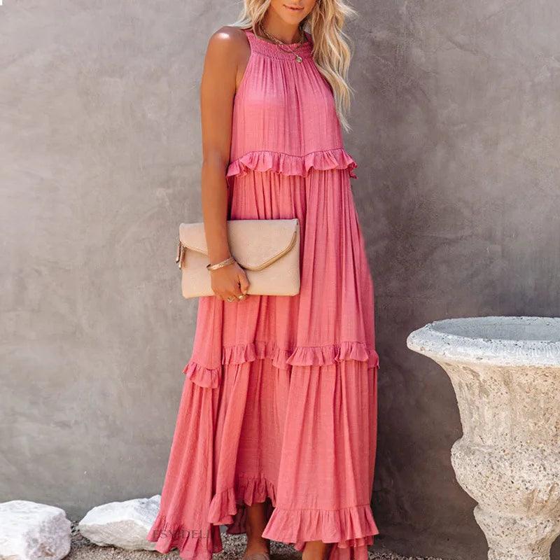 Women Casual Solid Ruffles Long Dress - Empire P.E