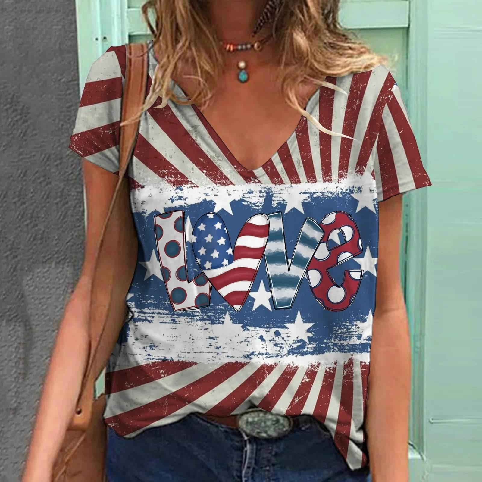 Fashion Women's T Shirt USA Flag Print Harajuku T-shirt Summer 2023 Top Kawaii Tees V Neck Pluse Size American Lady Y2k Clothing - Empire P.E