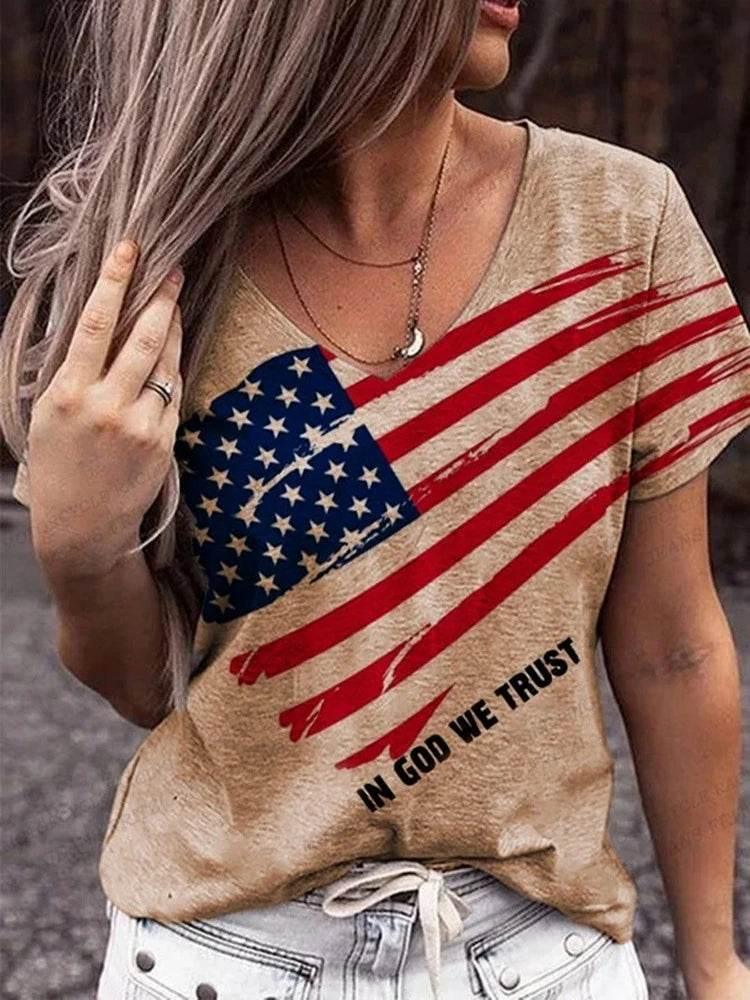 American Flag 3d Print T-shirt Women Fashion V-Neck T-shirts Short Sleeve Tops Tees Loose Casual Tees Vintage Camisetas USA Flag - Empire P.E