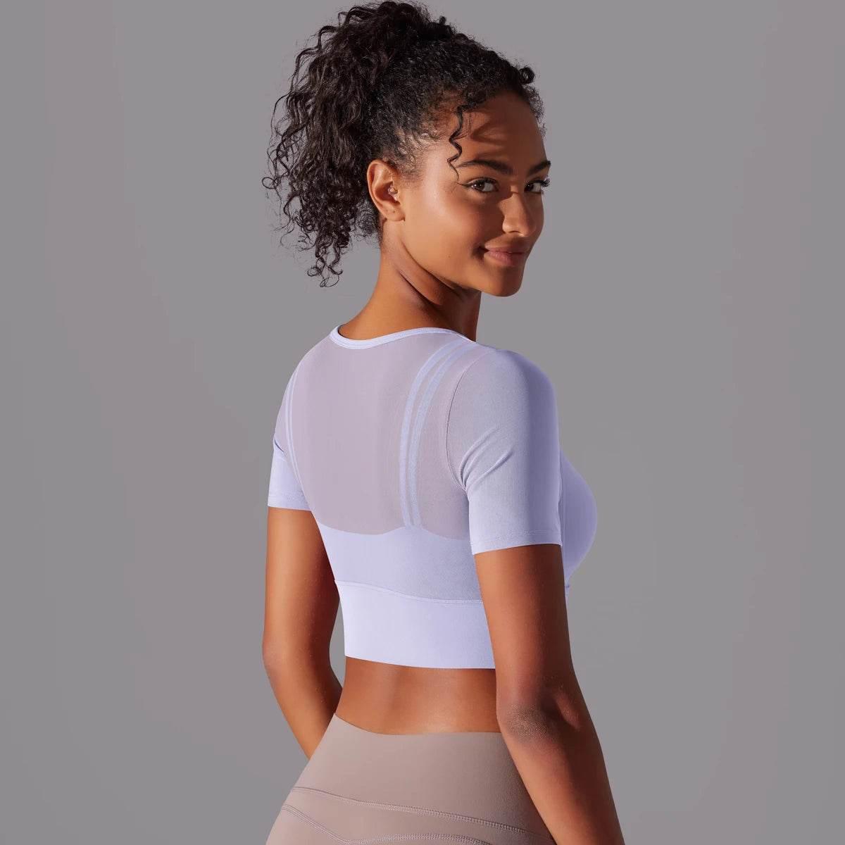 Solid Color Yoga Short Sleeve Sexy Double Layer Yoga Tank Top Spliced Mesh Yoga Clothing Top Fitness Running Sports Bra Women - Empire P.E