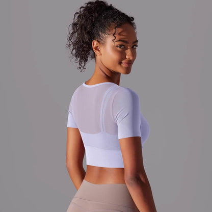 Solid Color Yoga Short Sleeve Sexy Double Layer Yoga Tank Top Spliced Mesh Yoga Clothing Top Fitness Running Sports Bra Women - Empire P.E