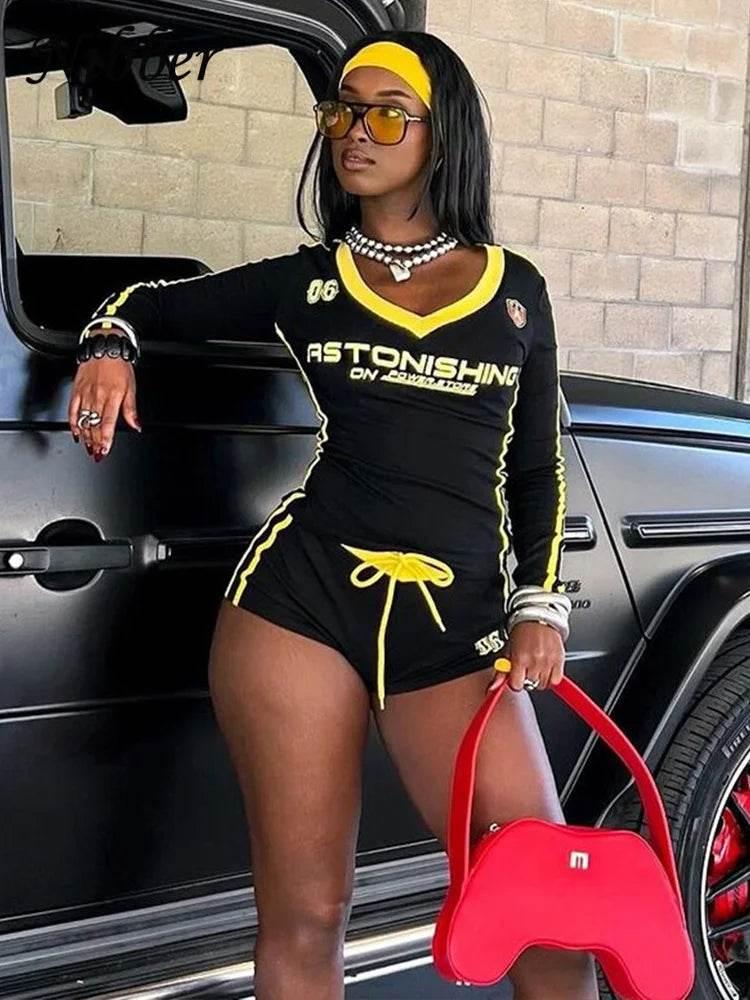 Nibber Women Tracksuit 2 Piece Set Stroke Tight Hipster Letter Print Sporty Casual Crop Tops+Shorts Vitality Matching Outfits - Empire P.E