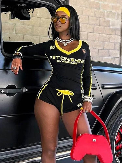 Nibber Women Tracksuit 2 Piece Set Stroke Tight Hipster Letter Print Sporty Casual Crop Tops+Shorts Vitality Matching Outfits - Empire P.E