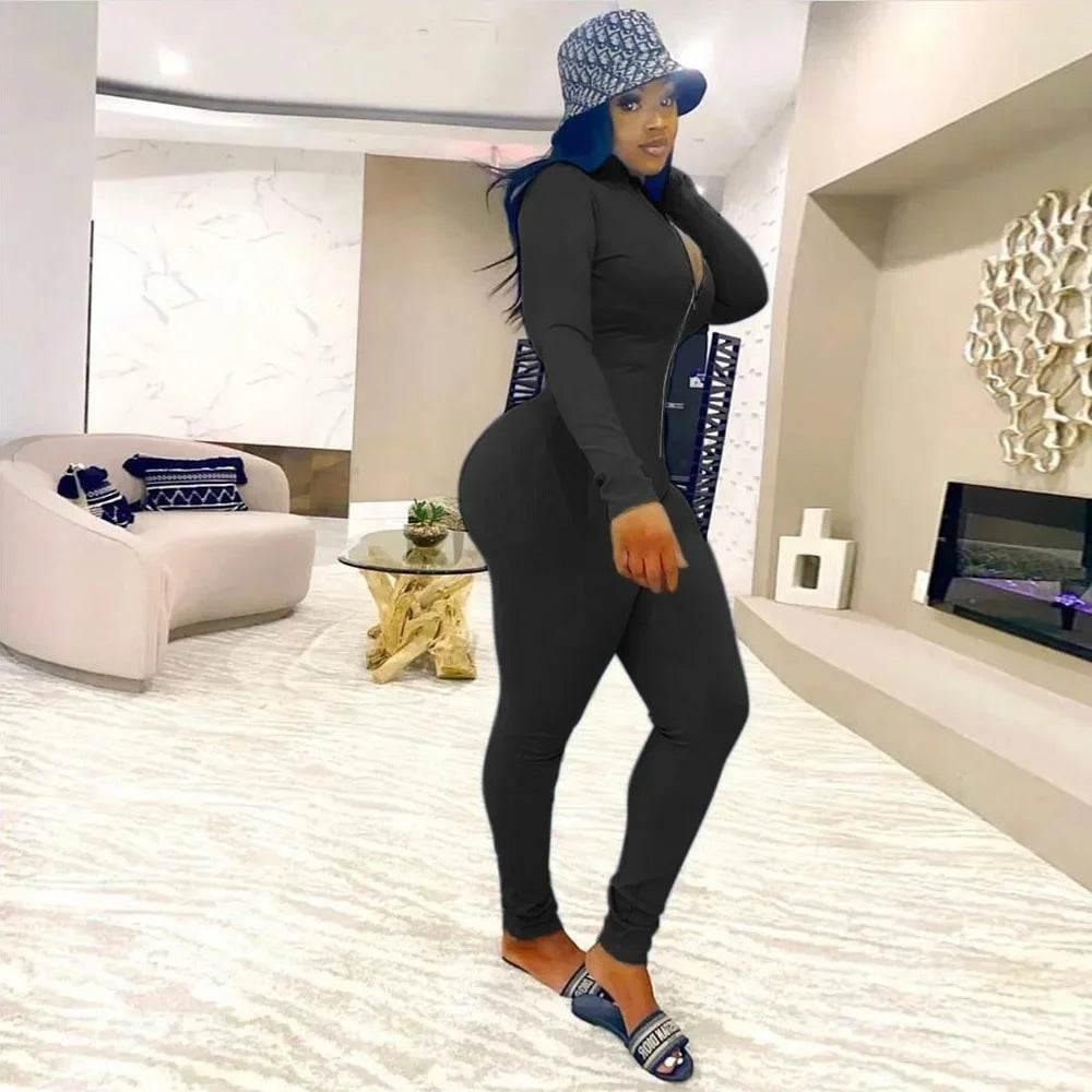 Sexy Solid Color Long Sleeve Deep V Bodycon Rompers Womens Jumpsuit Sport Suit Fashion Zip Up Long Pants Overalls Fitness Set - Empire P.E