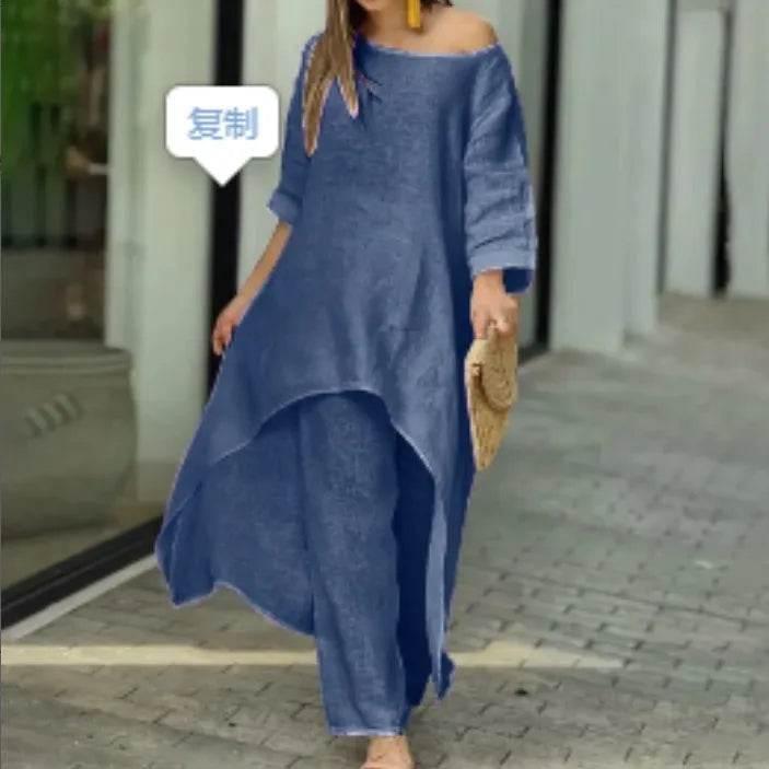 Women's Cotton Linen Long Pants Sets Fashion Solid Casual Irregular Tops Wide Leg Pant Suits Office Lady Two Piece Sets Clothes - Empire P.E