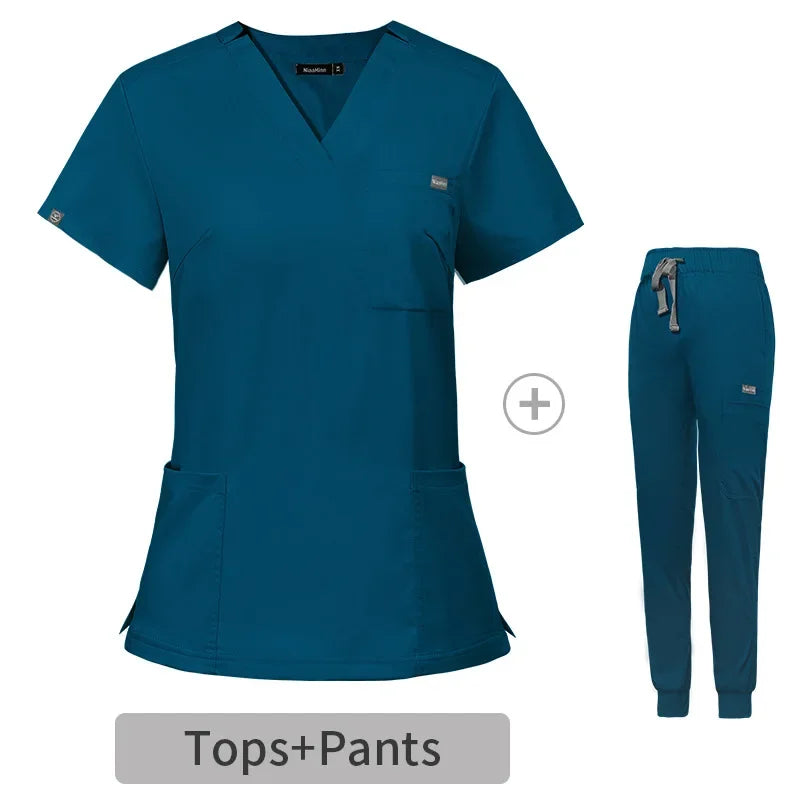 Multicolor Scrubs Uniform Short Sleeve Tops+Pants Set - Empire P.E