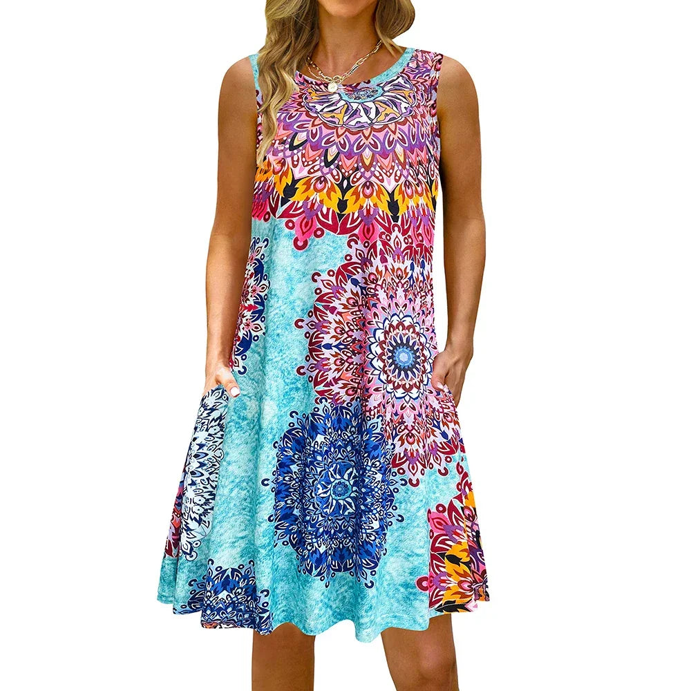S-5Xl Colorful Printed O Neck Long Dress - Empire P.E