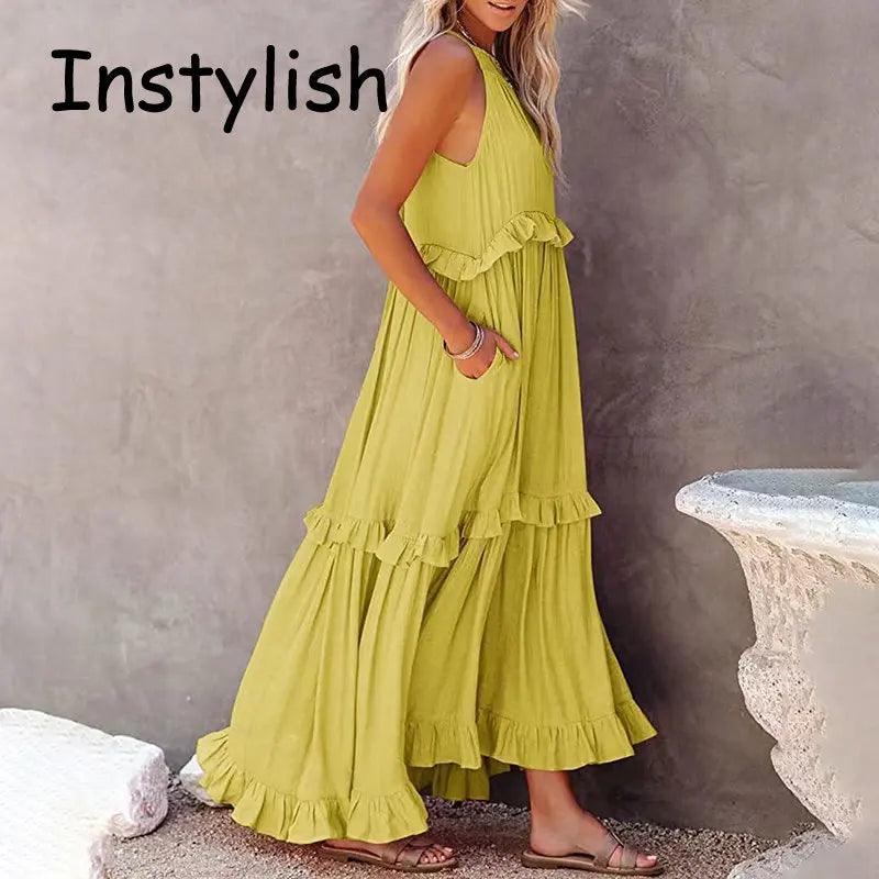 Women Casual Solid Ruffles Long Dress - Empire P.E