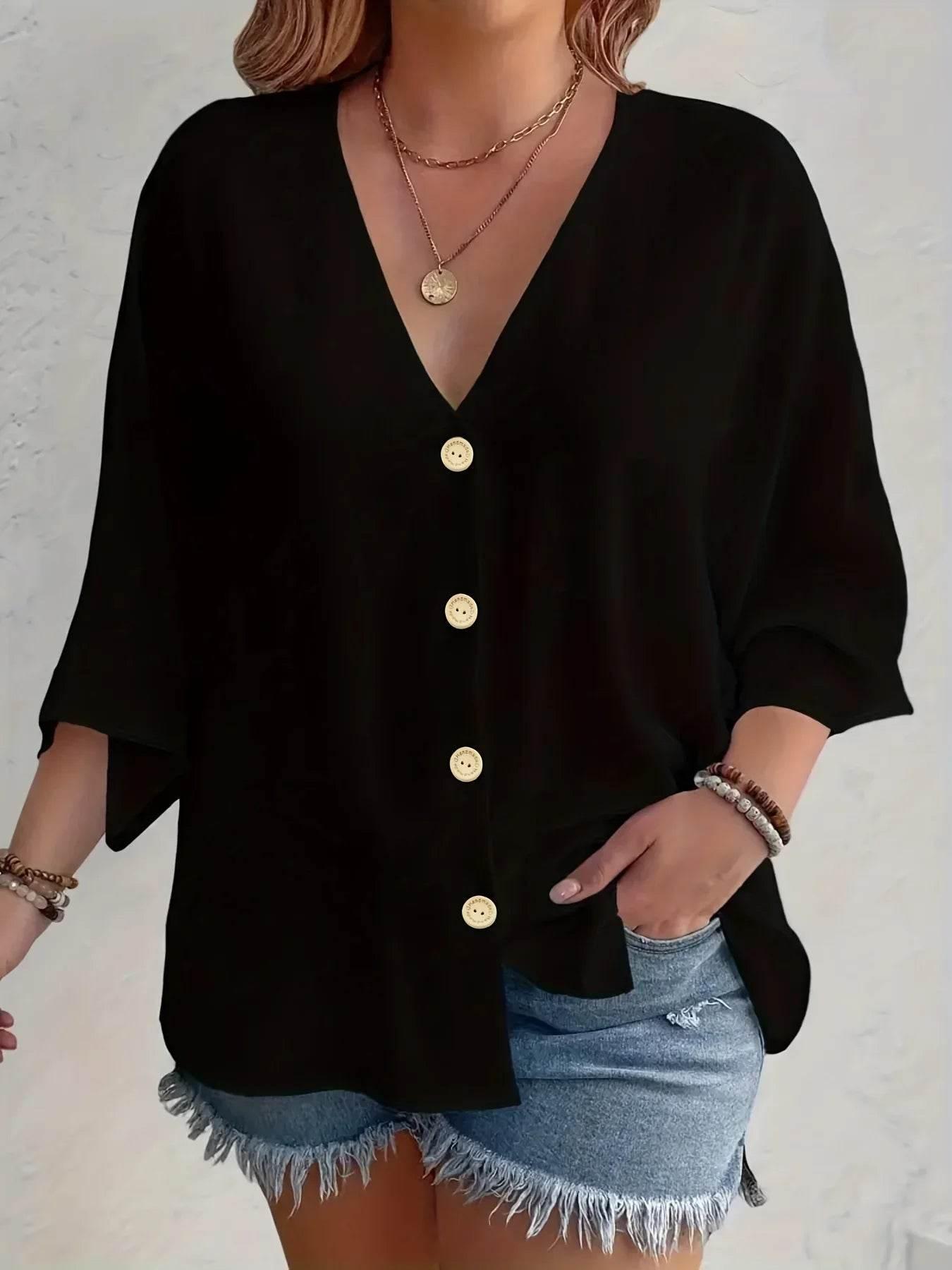 Women's Plus-size T-shirt Solid Color Breathable Spring/summer V-neck Button Travel Casual Wear with European and American Style - Empire P.E