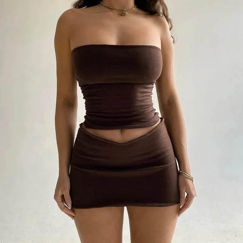 Hawthaw Women 2024 Summer Tube Tops Mini Skirts Party Club Two Piece Matching Sets Vacation Outfits Wholesale Items For Business - Empire P.E
