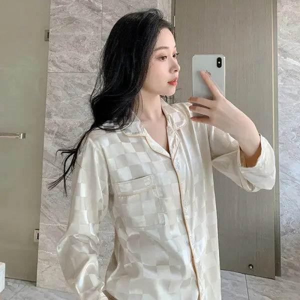 Plus Size Women Pajamas Set Long Sleeves Girl Home Wear Two-Piece Cardigan Solid Plaid Sleepwear Sexy Nightwear Autumn Winter - Empire P.E