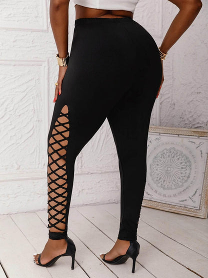 Plus Size Leggings For Women Clothing with Lattice Cutouts Mid-Waisted Stretchy Solid Color Female Knit Pants for Casual Outing - Empire P.E
