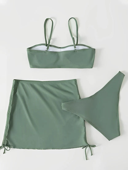 3 Pieces Padded Bikini 2026 Women & Drawstring Skirt Solid Swimsuit