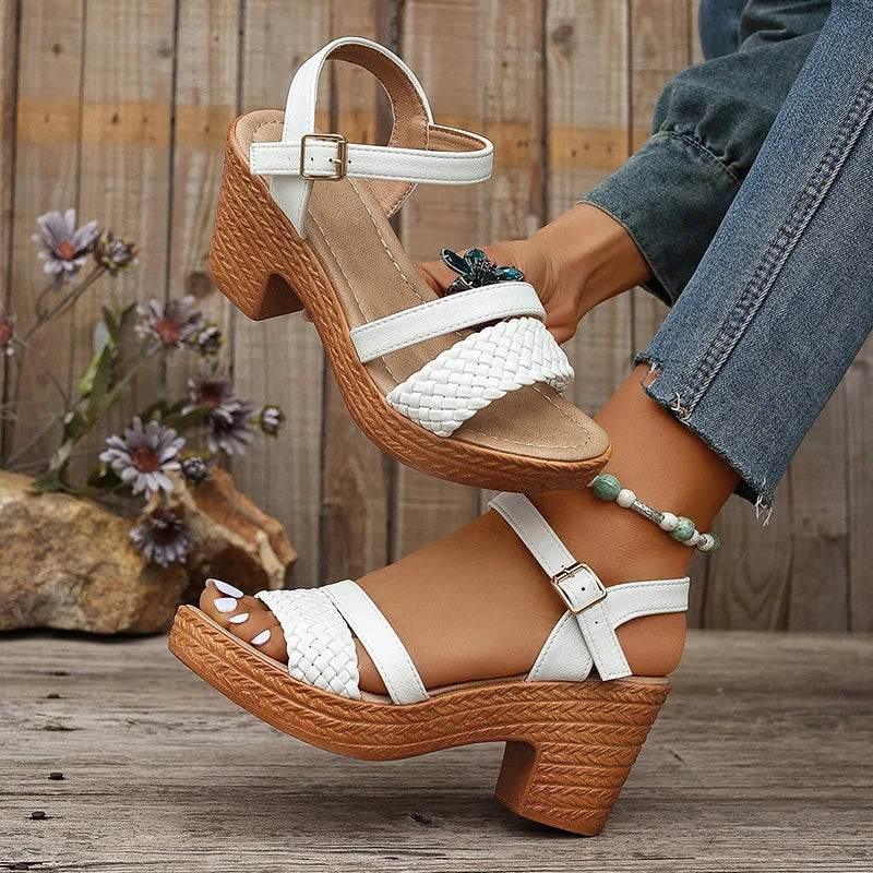 Lucyever Braided High Heels Sandals Women 2025 Summer Pu Leather Platform Gladiator Shoes Woman Ankle Buckle Thick Heel Sandles - Empire P.E