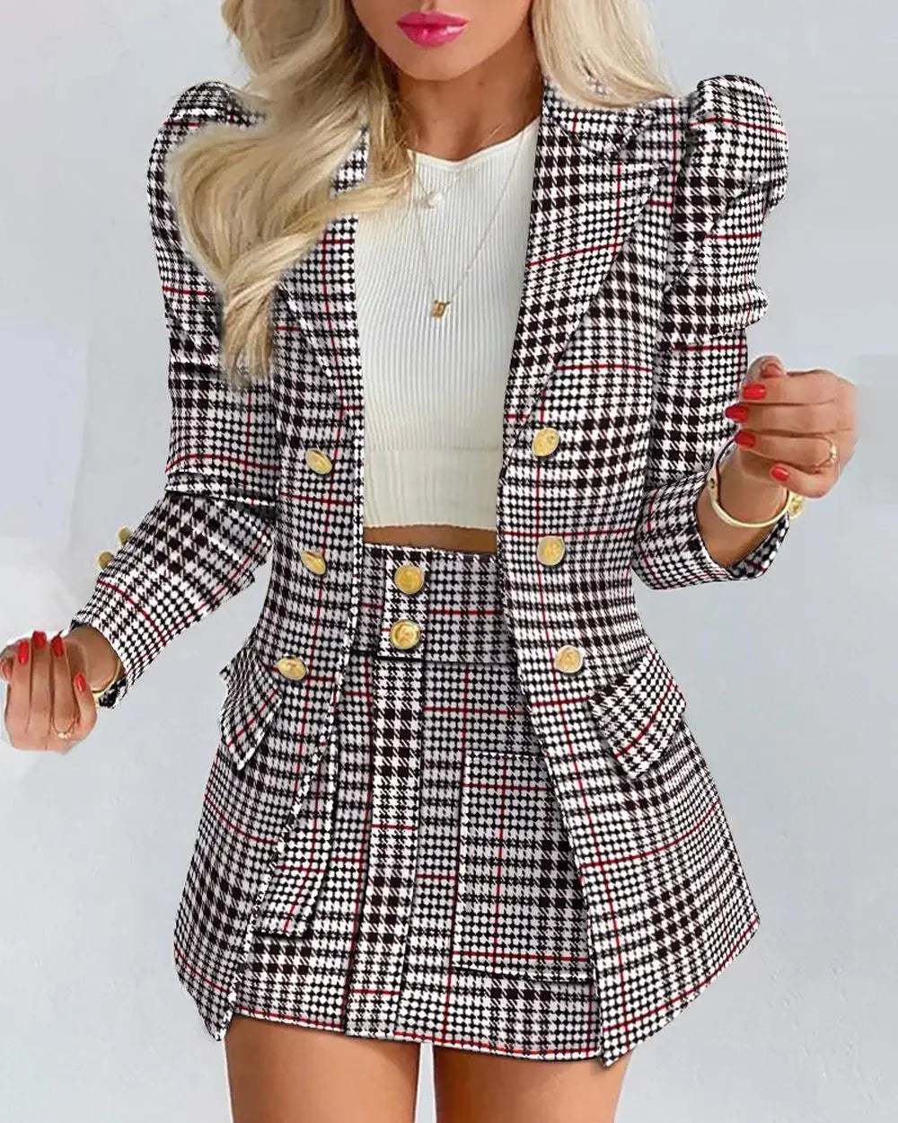 Women's Casual Floral Print Puff Sleeve Blazer Coat & Skirt Two Piece Suit - Empire P.E