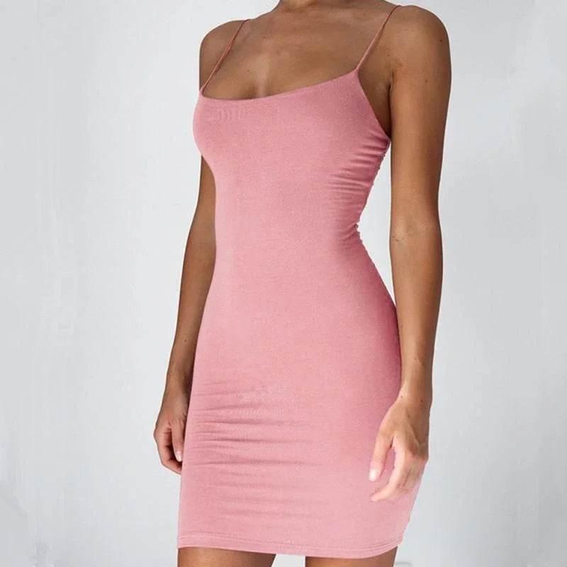 Summer Spaghetti Strap Mini Dress 2024 Women Sexy Bodycon Club Party Dresses Short Female Camisole Solid Black Sheath Sundress - Empire P.E