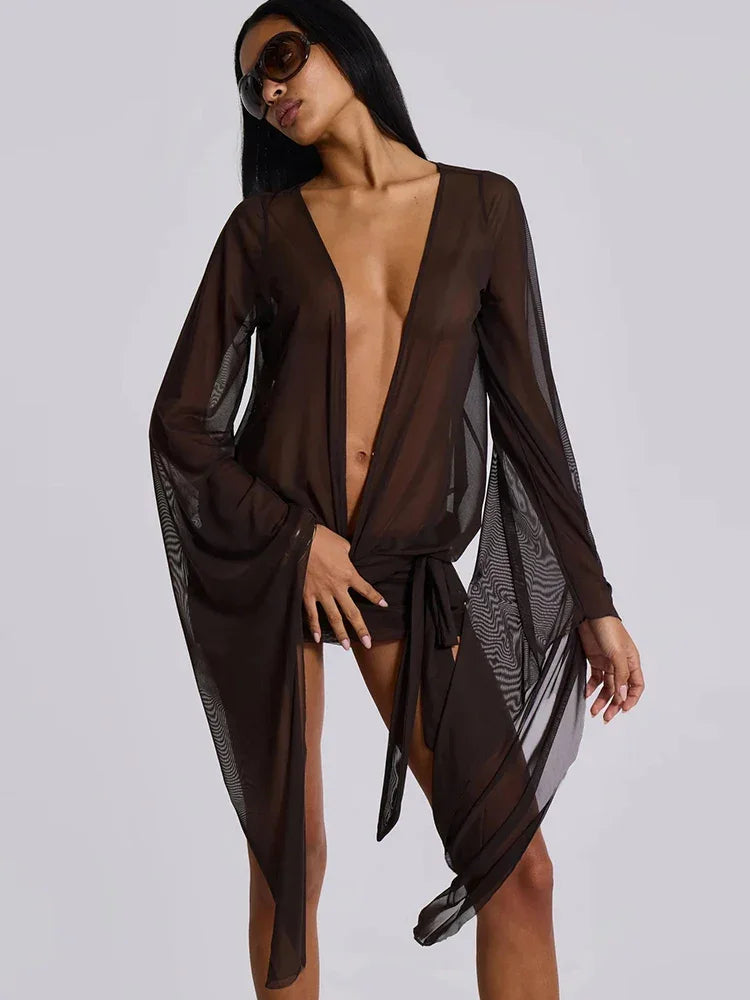 Mini Dress Sexy See Through Chic Long Sleeve Deep Low Neck - Empire P.E