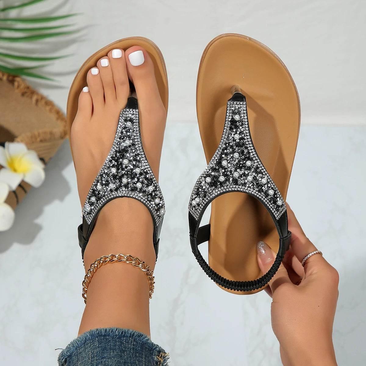 Clip Toe Bohemian Style Sandals for Women Fashion Mix Color Pearl Rome Sandals Woman 2024 New Flat with Non-Slip Beach Shoes - Empire P.E
