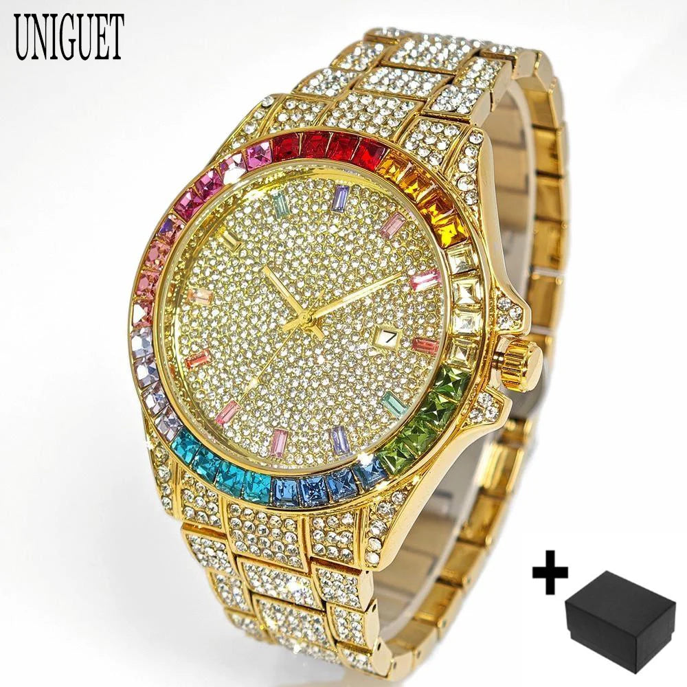 Men's Hip Hop Rainbow Diamond Shiny Jewelry Fashion Gold Watch
