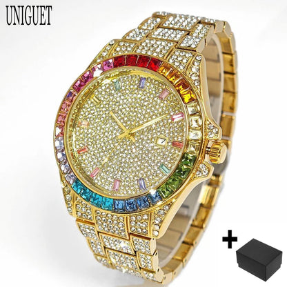 Men's Hip Hop Rainbow Diamond Shiny Jewelry Fashion Gold Watch