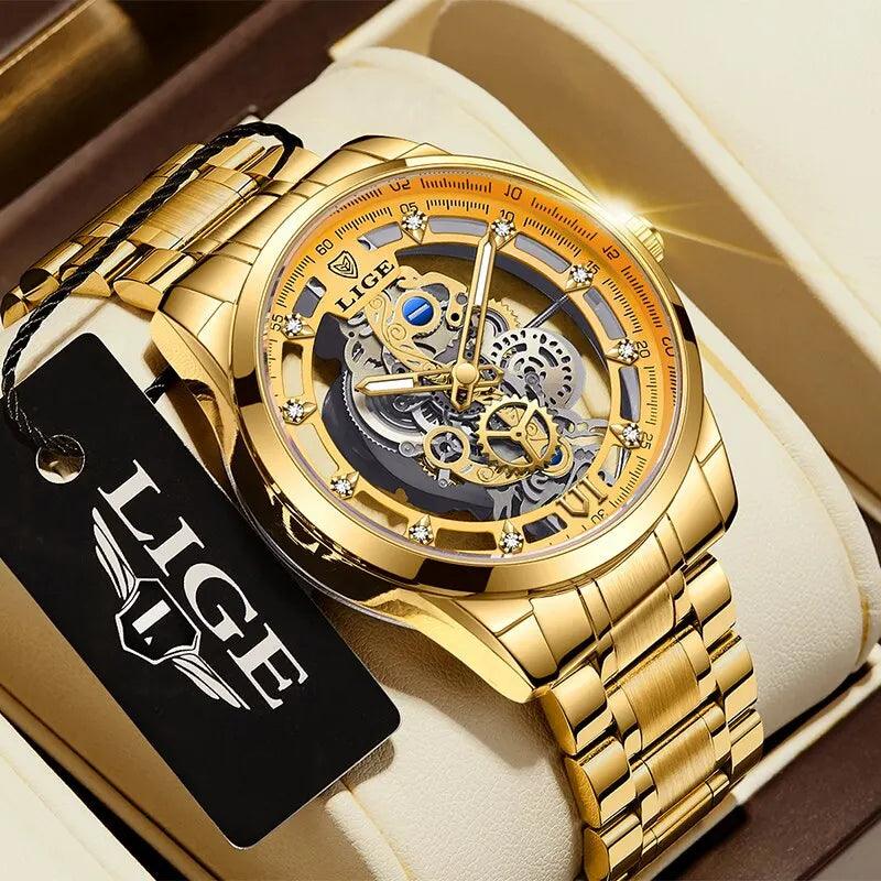 LIGE New Men Watch Skeleton Quartz Wristwatch Gold - Empire P.E