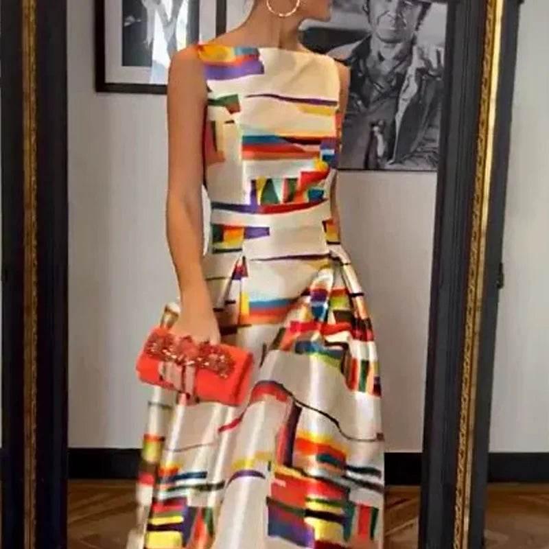 Elegant Printed O-Neck Evening Dress 2023 Sexy Hollow Sleeveless Waist Tank Dress New Casual Pleated Office Long Dress Vestidos - Empire P.E