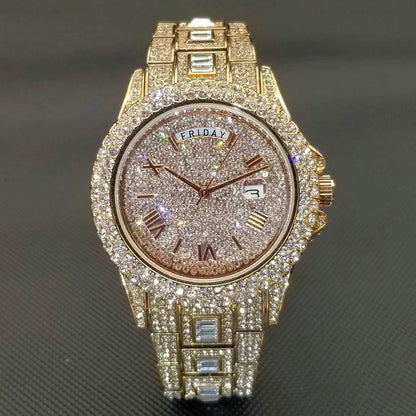 Luxury Shiny Diamond Watch For Men Hip Hop Trendy Iced Out Quartz Watches High Quality Stainless Steel Waterproof Day Date Clock - Empire P.E