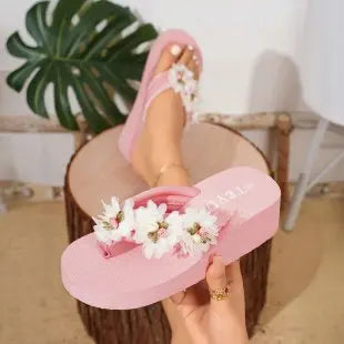 Women's Mid Heel Platform Flower Flip Flops