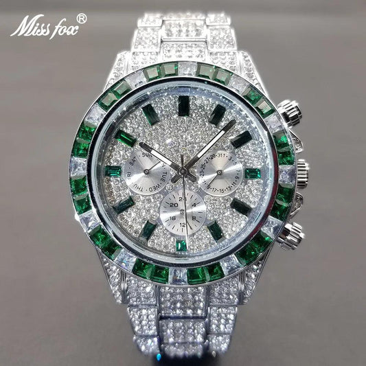 Hip Hop Calendar Watch For Men Stylsih Ice Out Green Diamond - Empire P.E