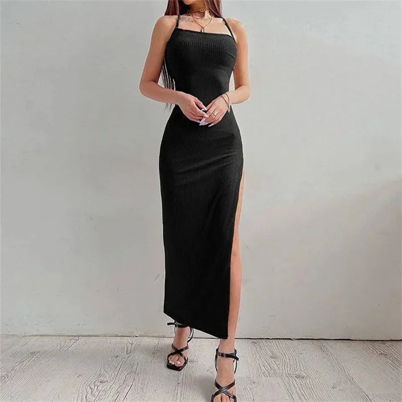 Sexy Black Long Bodycon Dress Women Summer Sleeveless Blackless Halter Neck Spaghetti Strap Dresses High Split Vestidos - Empire P.E