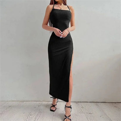 Sexy Black Long Bodycon Dress Women Summer Sleeveless Blackless Halter Neck Spaghetti Strap Dresses High Split Vestidos - Empire P.E