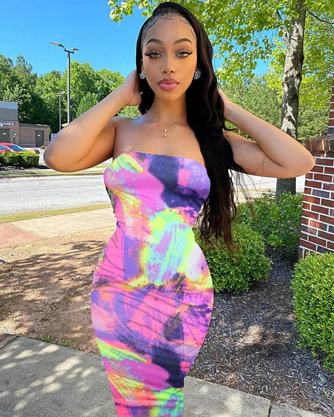Spring And Summer Dresses For Women Chest Wrap Printed Off Shoulder Bandage Slim Sexy Long Dress 2023 New Fashion party MsChuh - Empire P.E