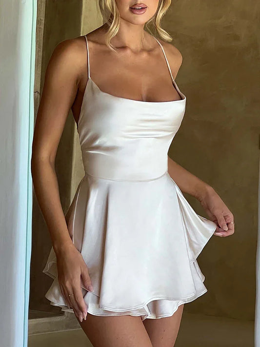 Satin Silk Women Sexy Cami Playsuits Dress Solid Cowl Neck Sleeveless Short Jumpsuits Summer Cross Tie-Up Backless Romper - Empire P.E