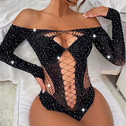 Women Sexy Lingerie Shiny Rhinestones Fishnets Bodysuit - Empire P.E