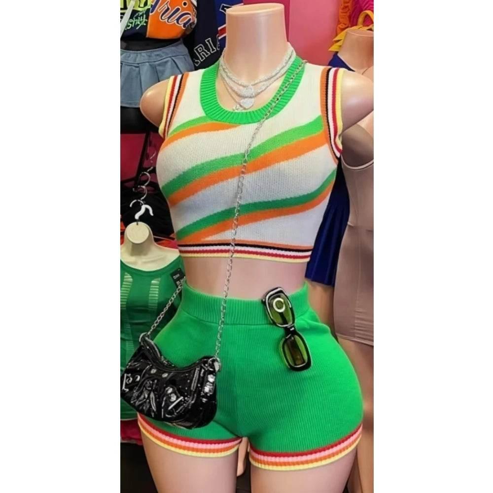 HLJ Fashion Knitted Striped 2 Piece Sets Woman Outfit Slim O-neck Crop Top + Shorts Casual Crochet Tracksuits Female Clothing - Empire P.E