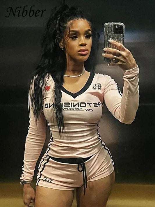Nibber Women Tracksuit 2 Piece Set Stroke Tight Hipster Letter Print Sporty Casual Crop Tops+Shorts Vitality Matching Outfits - Empire P.E