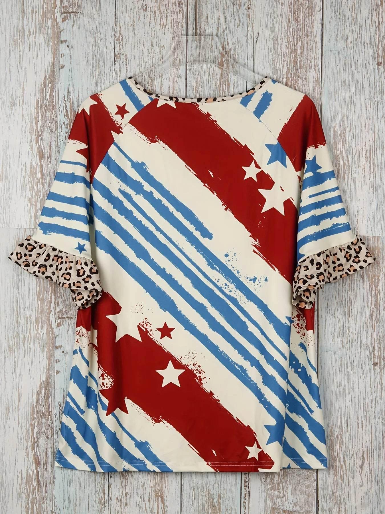 Plus Size Striped & Star Print T-Shirt, Casual V Neck Short Sleeve T-Shirt Women's Plus Size Clothing - Empire P.E