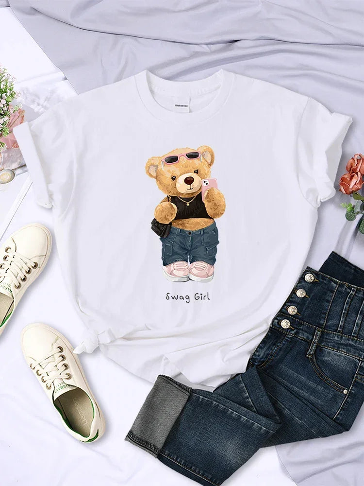 Street Teddy Bear Selfie Swag Girl Funny Printed T-Shirts - Empire P.E