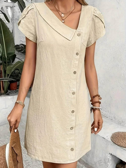 Plus Size Women 2024 Summer Short Sleeve Dress Asymmetrical Neck Petal Sleeve Button Front Dress - Empire P.E