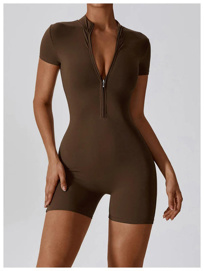 Yoga Set Women's One-Piece Suit Zipper Short Sleeve Gym Push Up Workout Clothes Fitness Short Bodysuit Sportswear Jumpsuits - Empire P.E