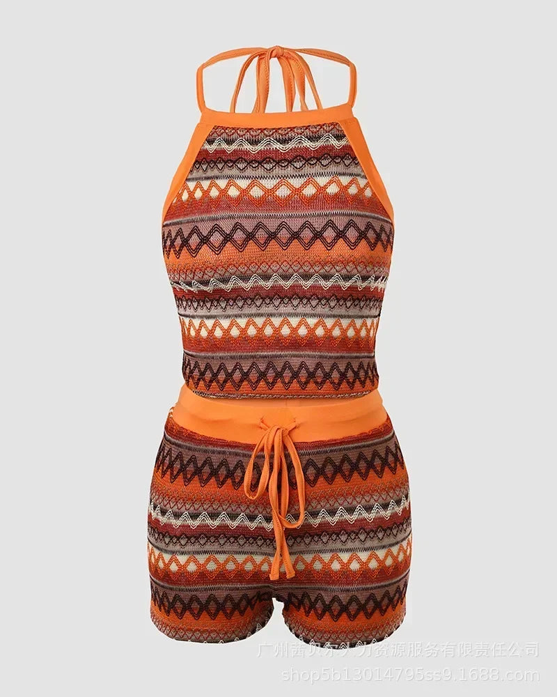 Geometric Pattern Halter Top & Drawstring Shorts Set - Empire P.E