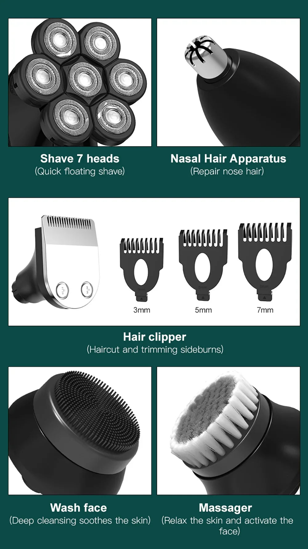Kensen 5 In 1 Electric Shaver 7D Floating Cutter Head Rechargeable Shaver Kit For Men IPX6 Waterproof Beard Trimmer head shavers - Empire P.E