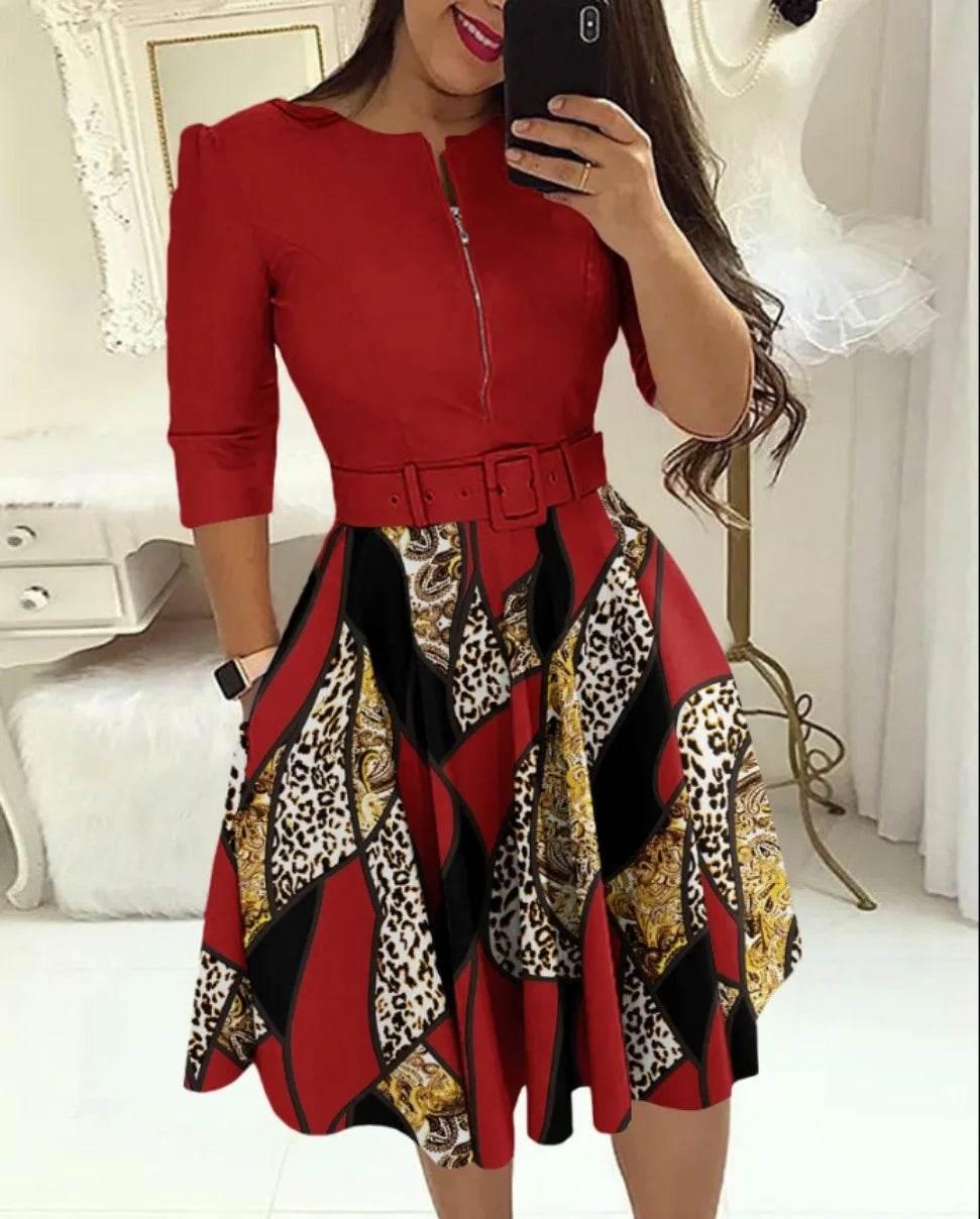 Dress for Women Streetwear 2023 Autumn and Winter Elegant Waist Wrapped Mid Long Sleeve Solid V-Neck Fashion Dresses with Belt - Empire P.E
