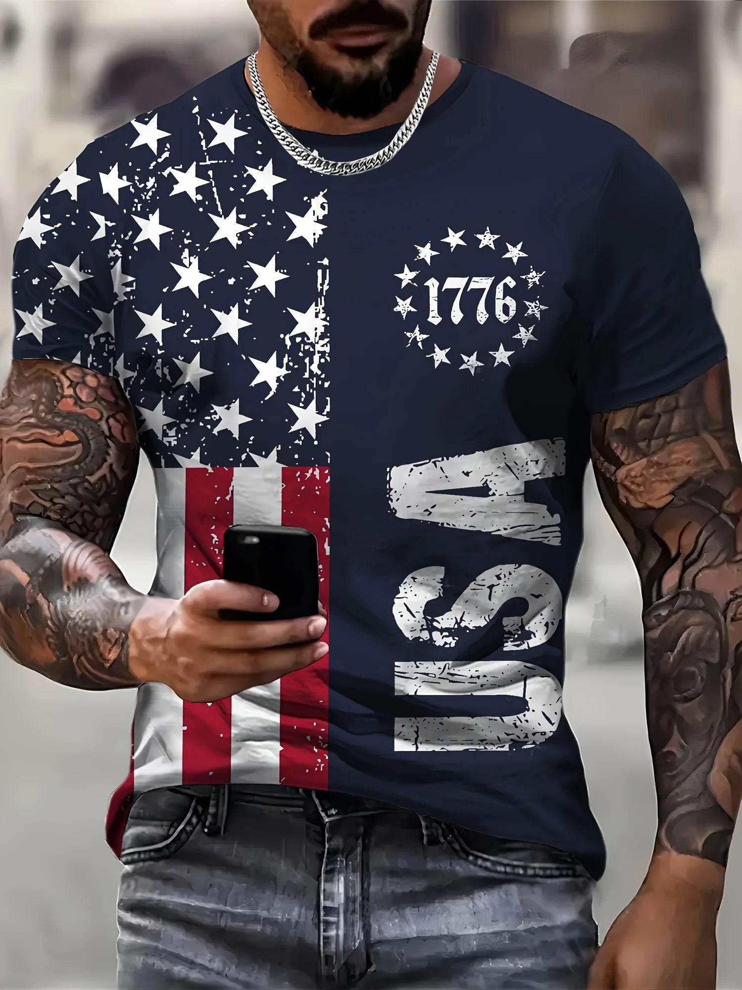 VintageT-Shirt For Men American Flag Graphic T Shirts 1776 Print Tees Short Sleeve T Shirts Outdoor Oversized Men's Clothing Top - Empire P.E